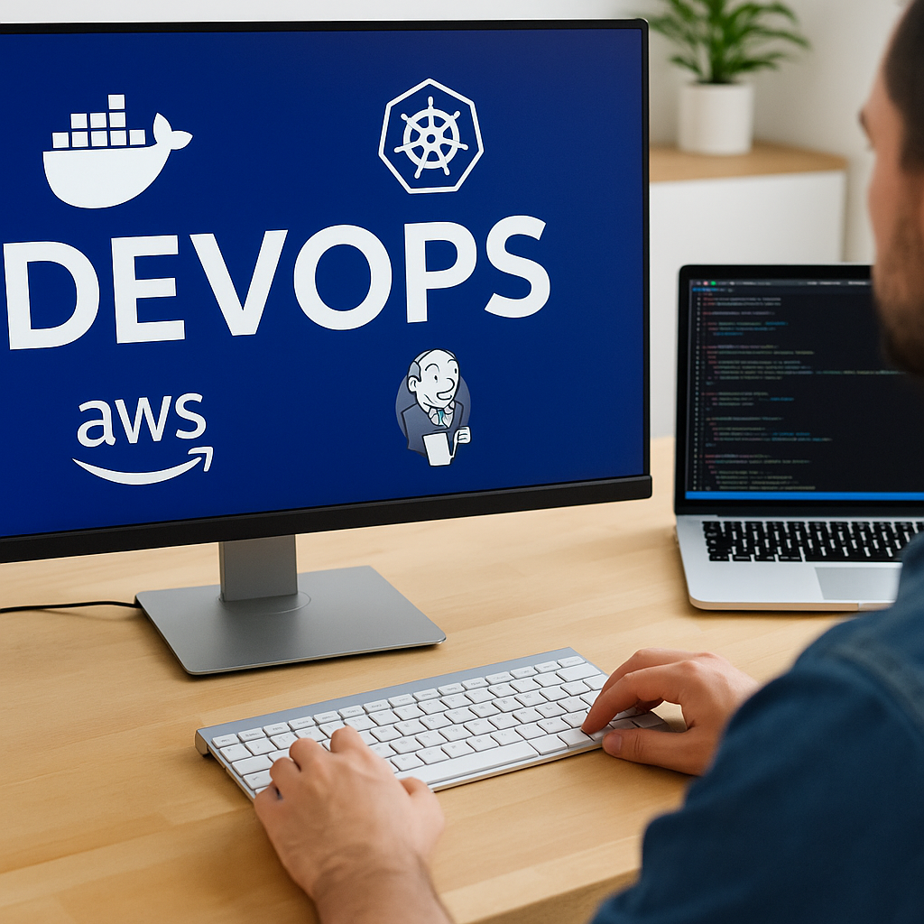 A DevOps engineer working at a desk with dual screens displaying Docker, Kubernetes, Jenkins, and AWS tools for cloud automation and development.